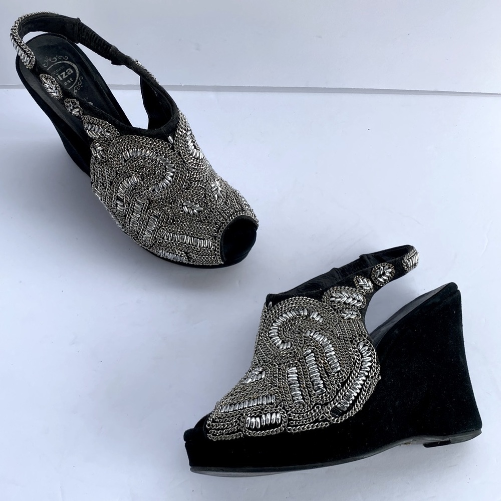 Jeffrey Campbell Ibiza Jenny beaded platform wedge black and silver size 8